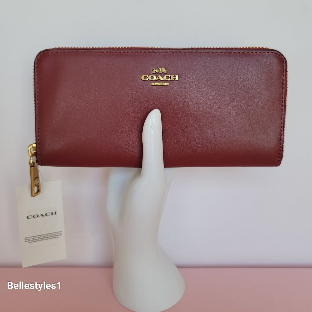 COACH Slim Accordion Smooth Calf Leather Zip-Around Wallet- Cherry color⭐